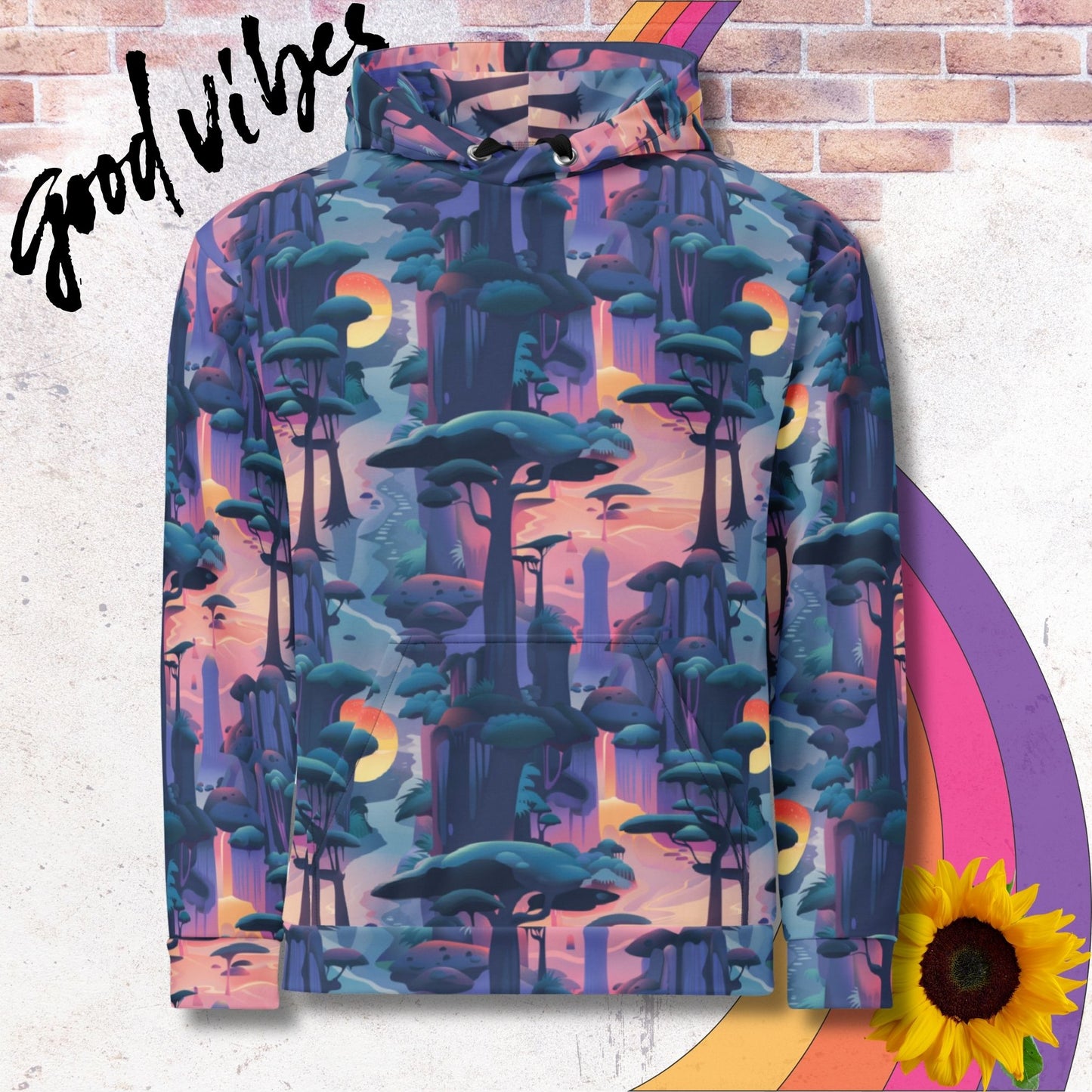 All over print unisex hoodie. Treetop canopies over a glowing sunset