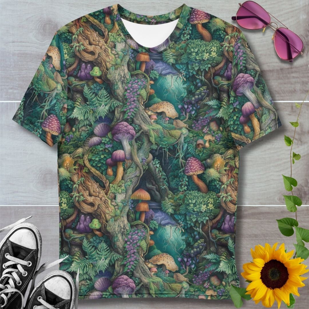 men's all over print t-shirt. Watercolor fantasy style forest of twisting vines and colorful mushrooms, greens and purples