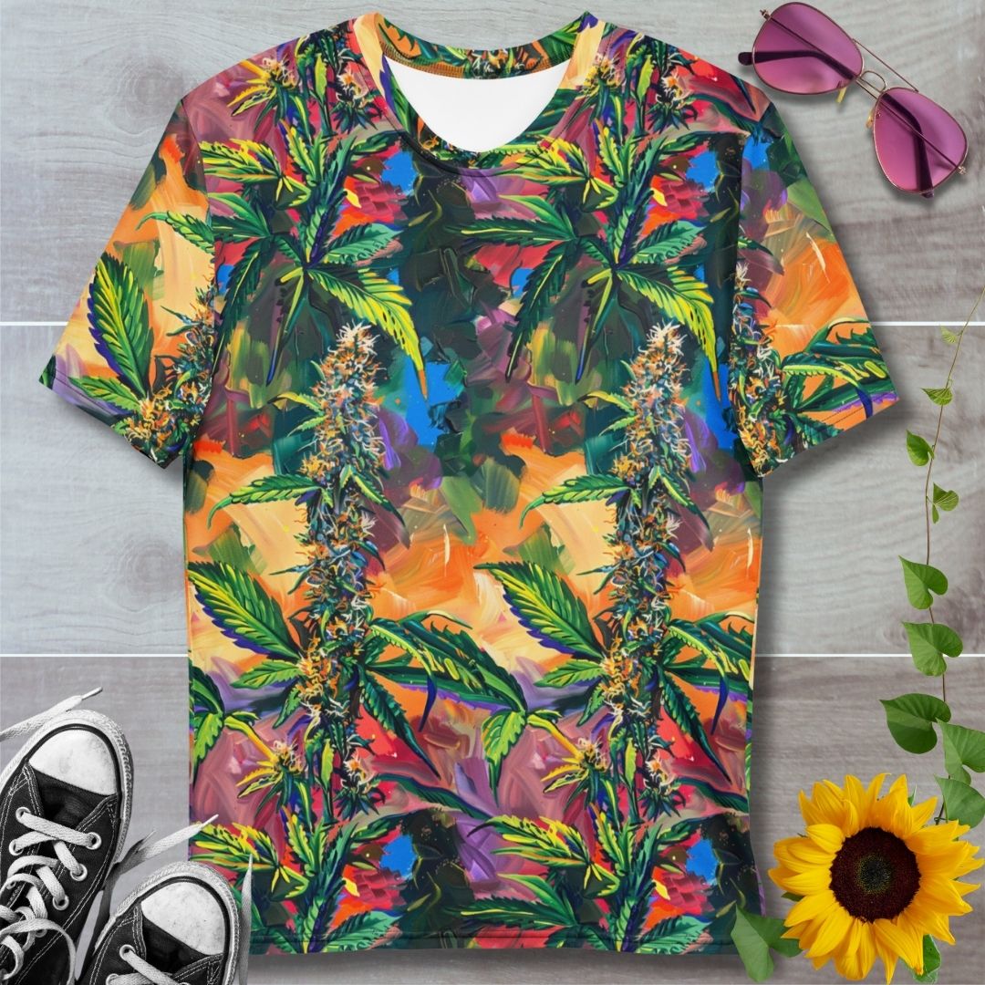 Men's all over print t-shirt. brush stroke style orange and purple background with plant buds pattern in foreground