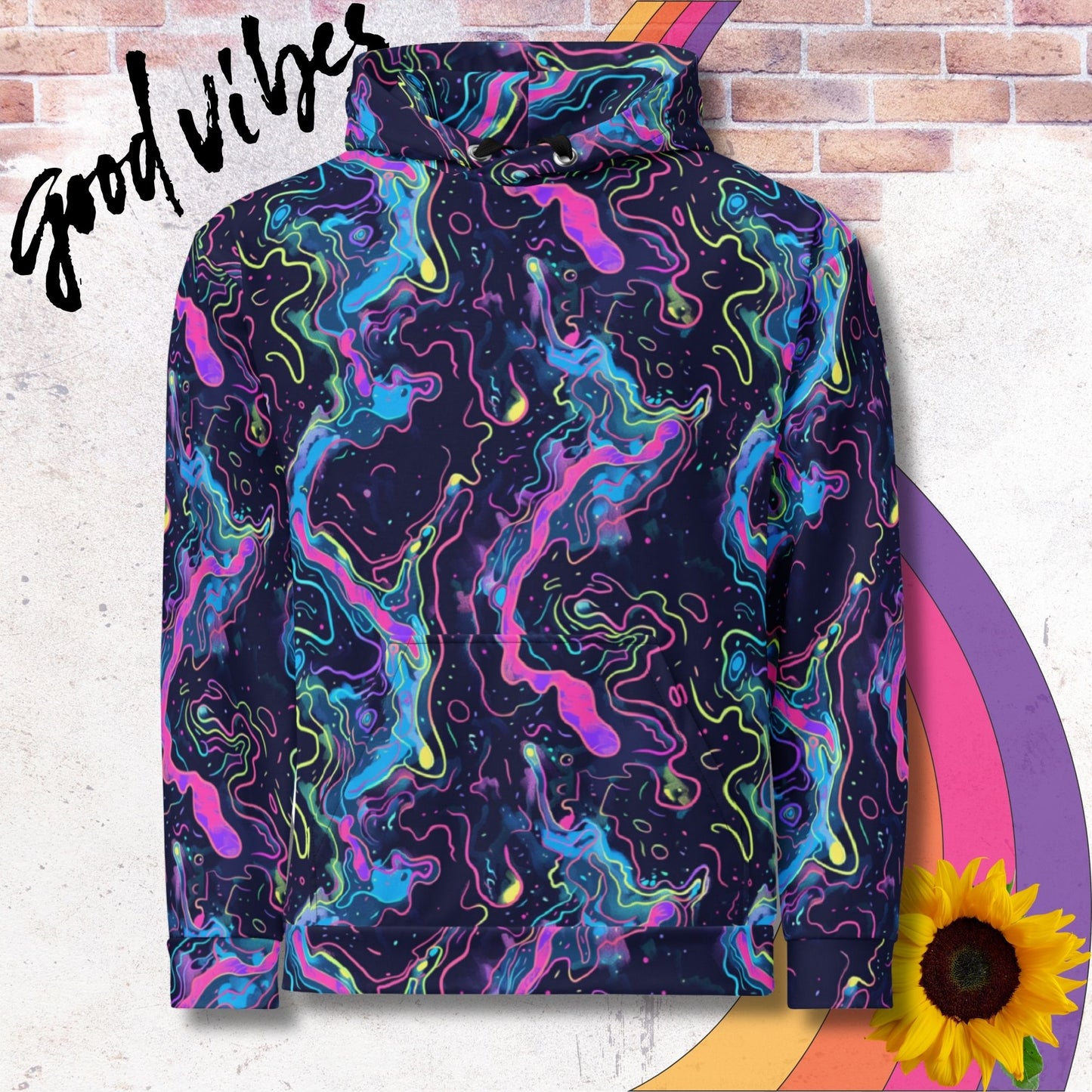 All over print unisex hoodie. Swirling neon lights pattern