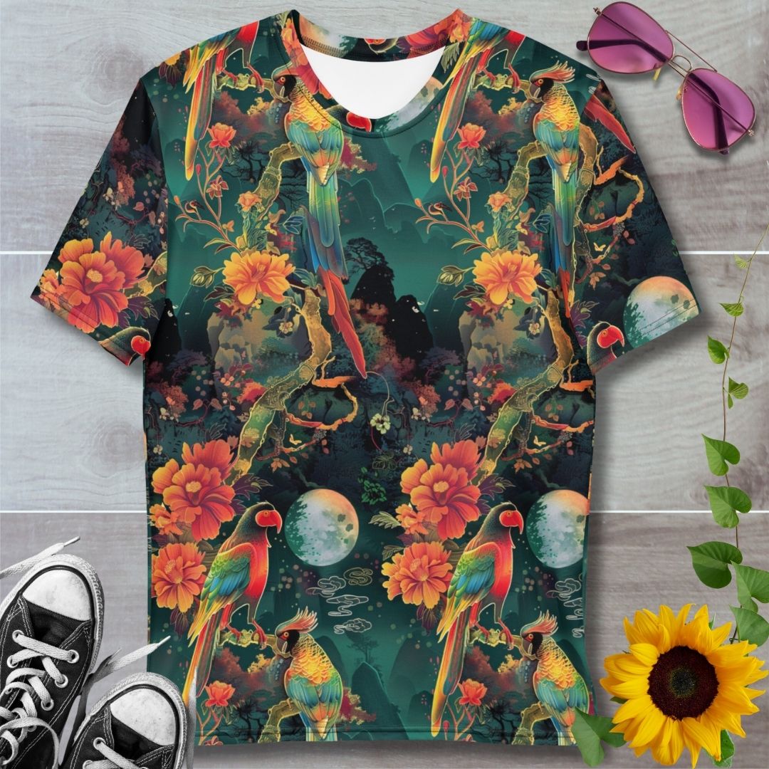 Men's all over print t-shirt. Jungle scene with colorful rainbow parrots and orange flowers