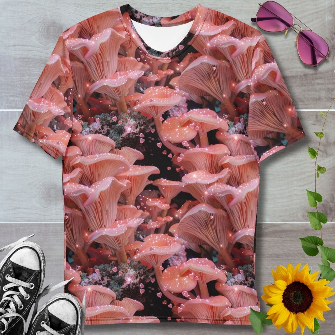 Men's all over print t-shirt. Pink oyster mushrooms