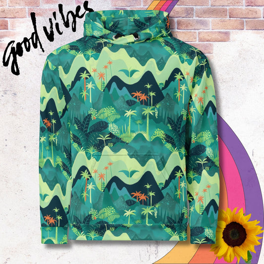 All over print unisex hoodie. Different shades of green, lush amazon landscape of hills and trees
