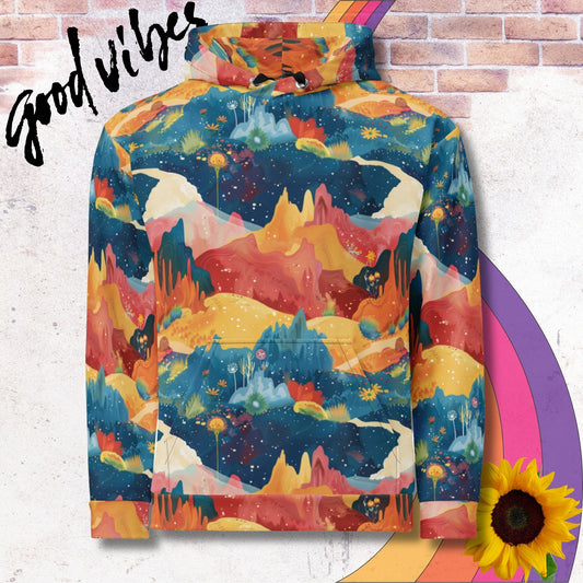 All over print unisex hoodie. Autumn/ Fall vibes, deep blue and orange valleys