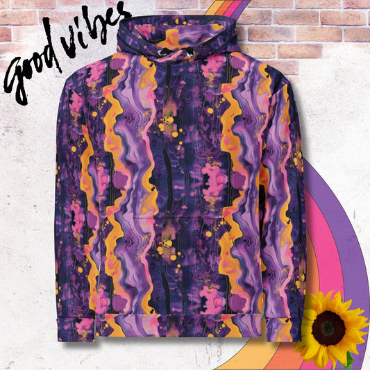 All over print unisex hoodie. Berry and citrus coloured ripple patterns
