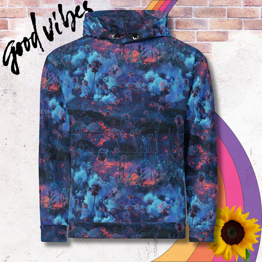 All over print unisex hoodie. Blueberry coloured floral fields against a crimson sky