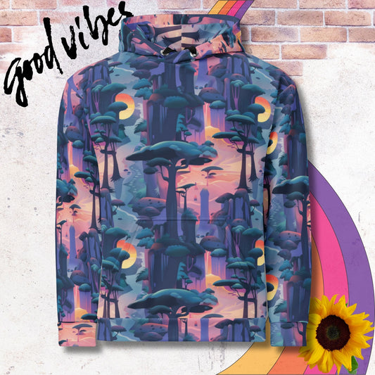 All over print unisex hoodie. Treetop canopies over a glowing sunset