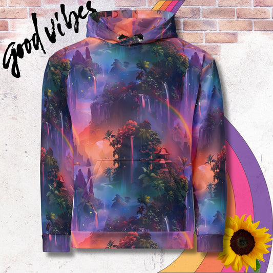 All over print unisex hoodie. Waterfalls cascading over rocks and trees