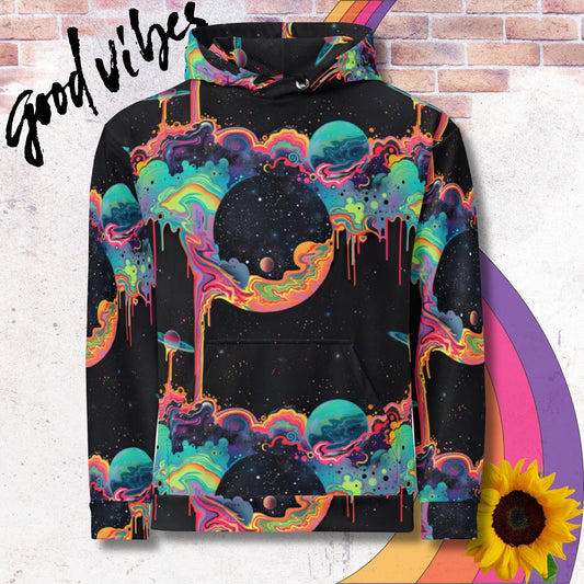All over print unisex hoodie. Psychedelic cosmic drip bright neon colors against starry black background