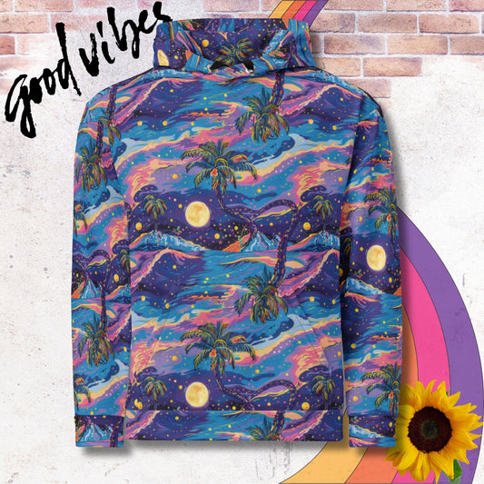 All over print unisex hoodie. Cosmic purple and blue malibu waves and palm trees