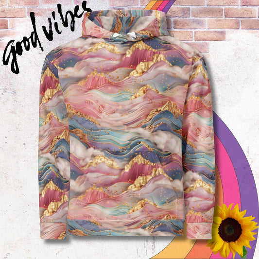 All over print unisex hoodie. Layered pink and blue mountain waves with gold foil peaks