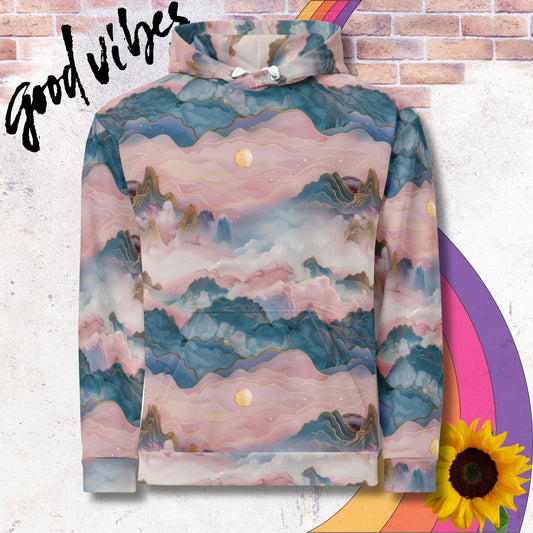 All over print unisex hoodie. Layers of pink and blue clouds with gold outlined mountain peaks