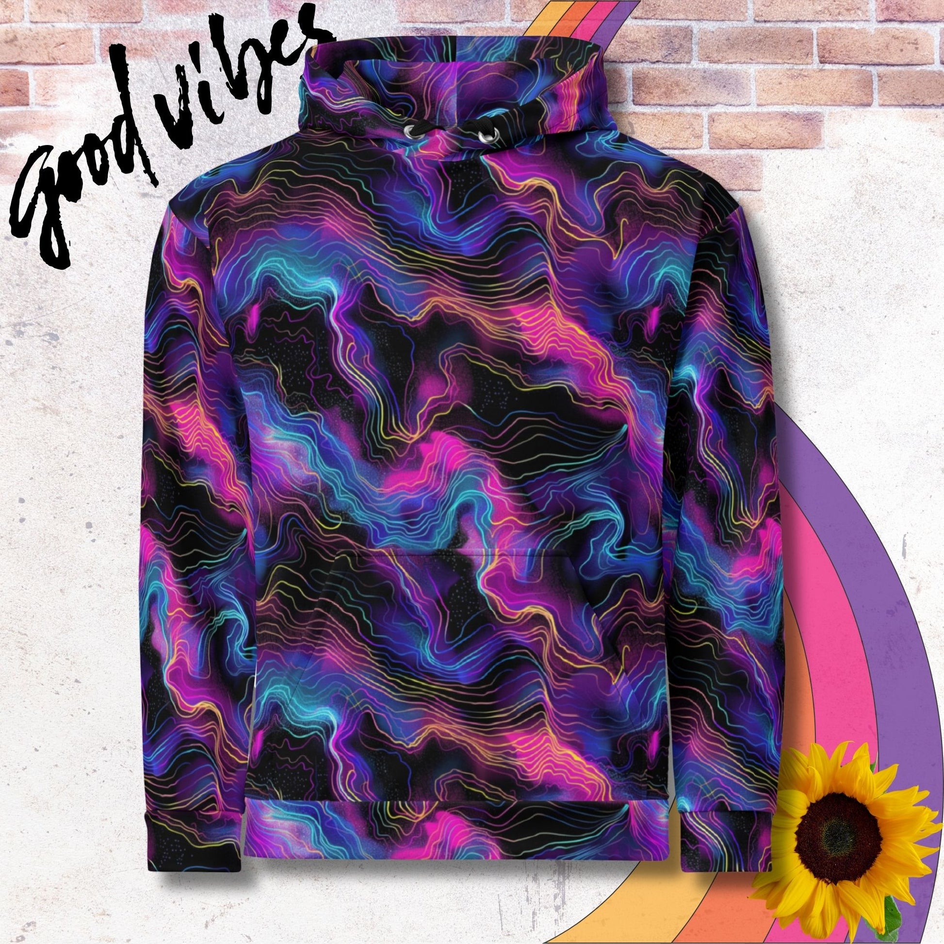 All over print unisex hoodie. Vibrant colored lightning patterns