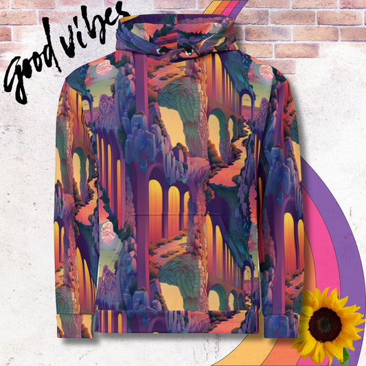 All over print unisex hoodie. Colorful sci-fi ancient city pillars, glowing sunset in background