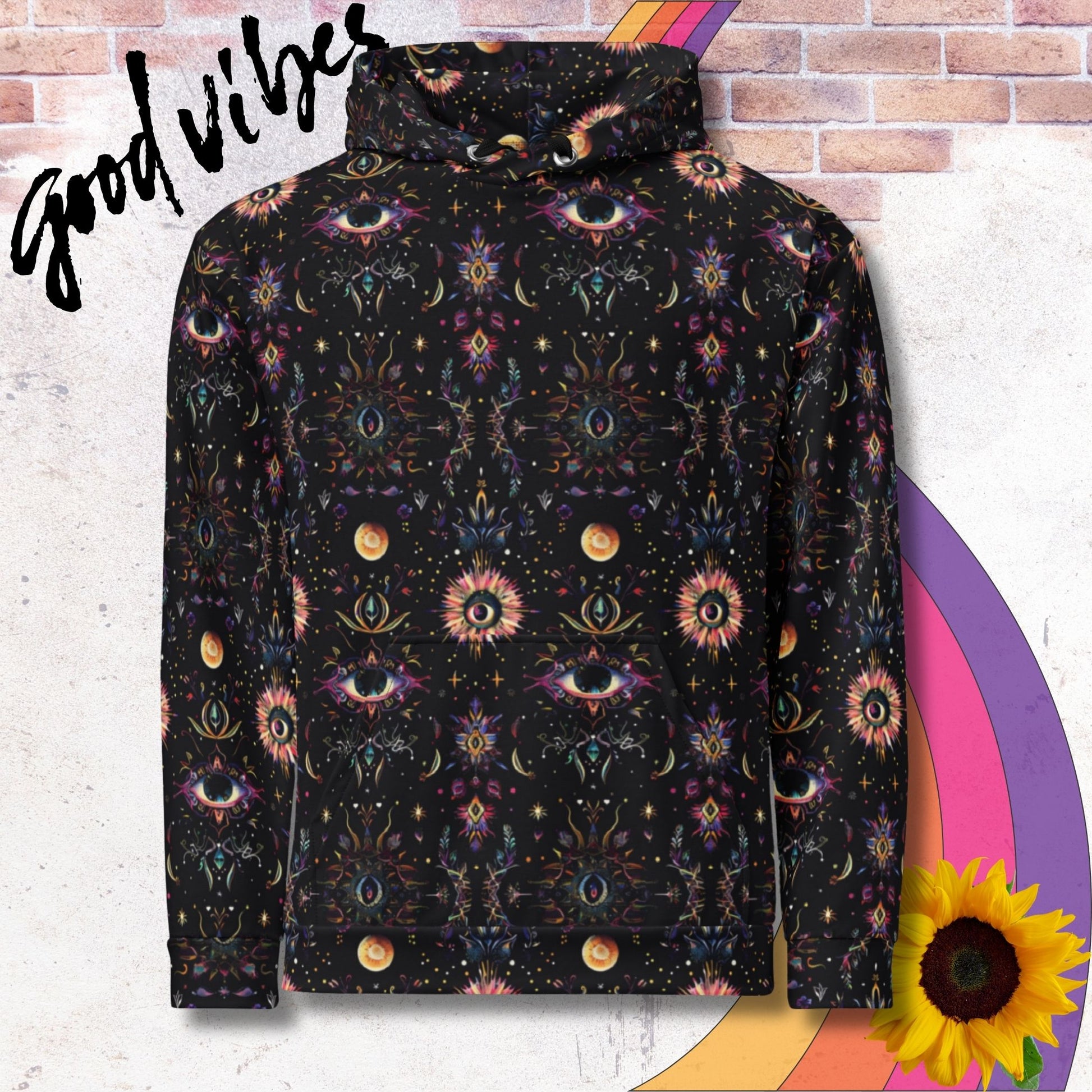 All over print unisex hoodie. esoteric mystical print with colorful evil eyes