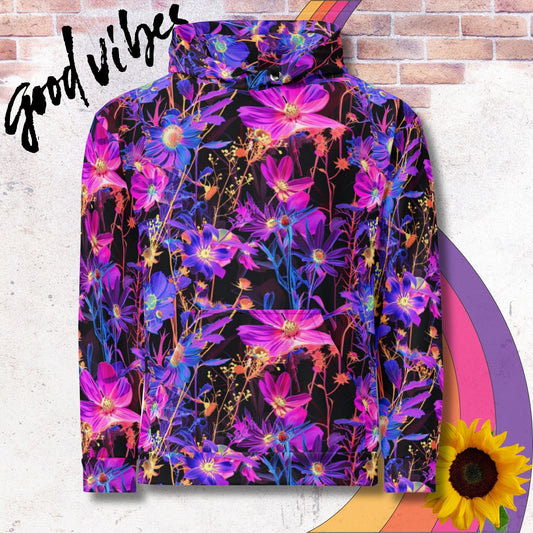 All over print unisex hoodie. Neon pink and blue florals