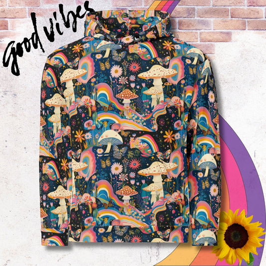 All over print unisex hoodie. Psychedelic patterns of rainbows and white mushrooms
