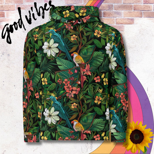 All over print unisex hoodie. Blue and orange birds in green foliage with red and yellow flowers