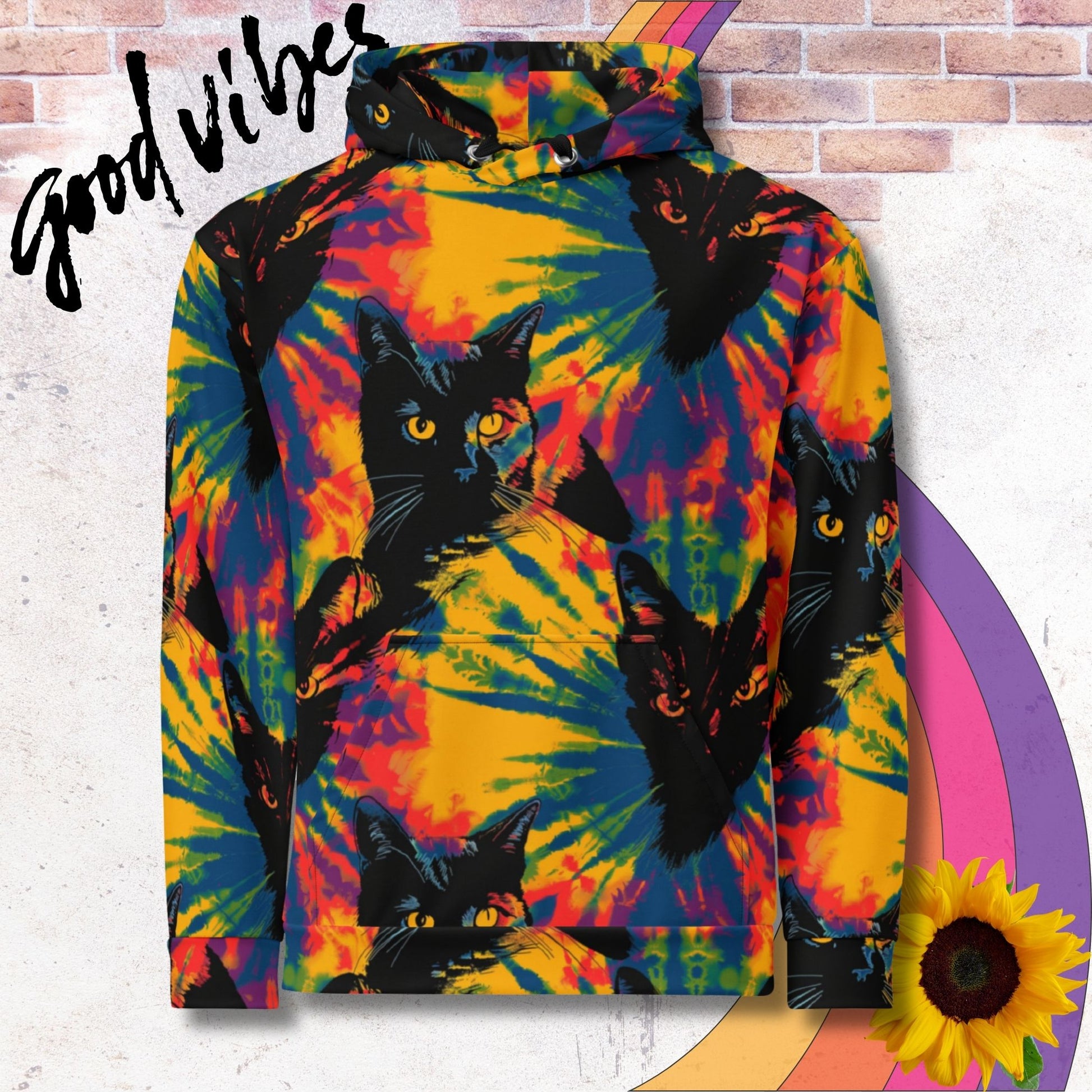 All over print unisex hoodie. Red, yellow and blue tie dye with black cat pattern