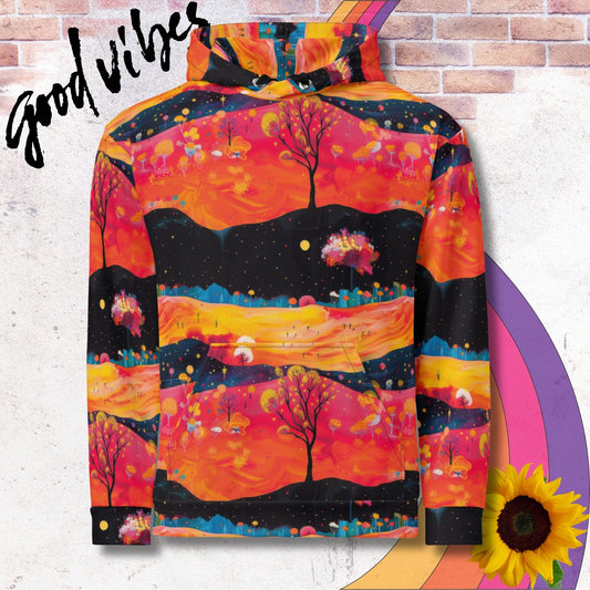 All over print unisex hoodie. Fiery orange and red fields over starry night skies