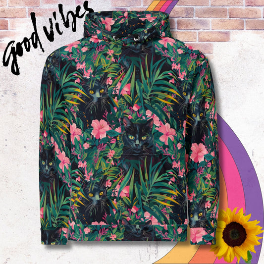 All over print unisex hoodie. Black cats amongst green foliage and pink flowers