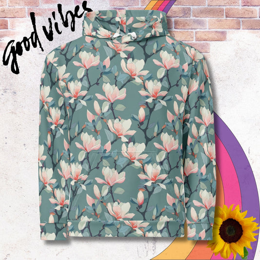 All over print unisex hoodie. White floral pattern on light green background