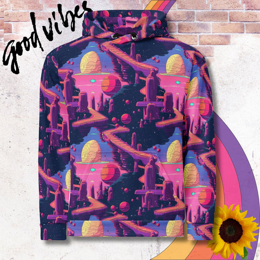 All over print unisex hoodie. Sci-fi alien planet with maze like ruins