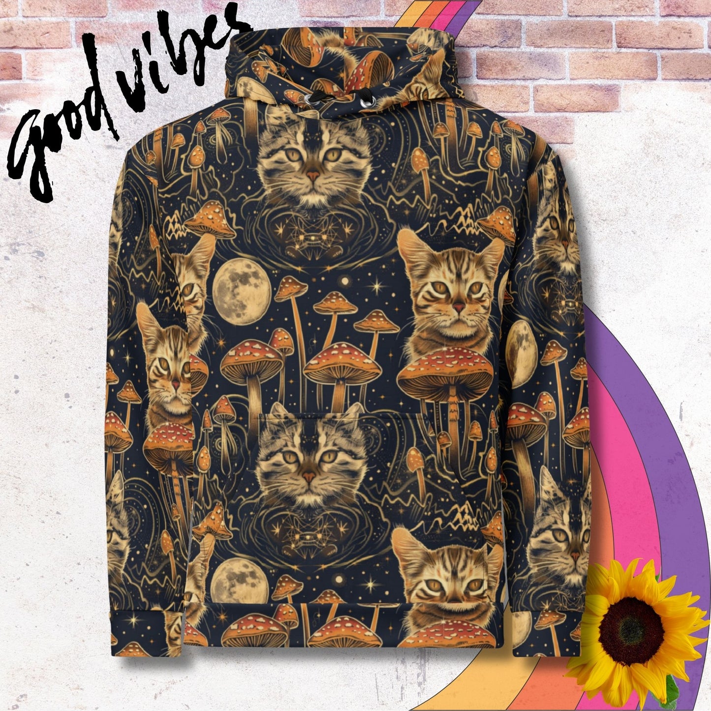 All over print unisex hoodie. Witchy mystical print with cats, mushrooms and full moon