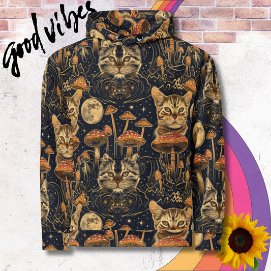 All over print unisex hoodie. Witchy mystical print with cats, mushrooms and full moon