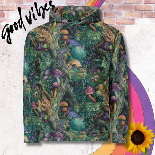 All over print unisex hoodie. Watercolor pencil drawing style forest of mushrooms