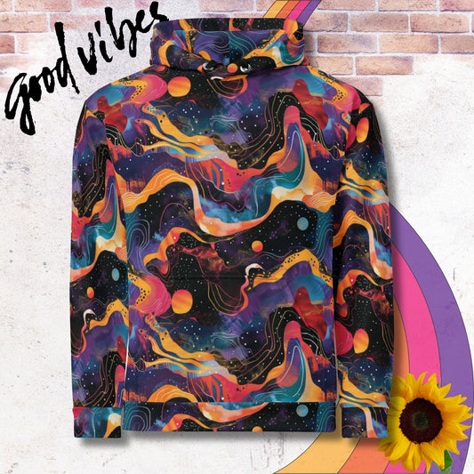 All over print unisex hoodie. Galactic waves of orange and blue