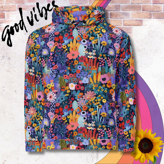 All over print unisex hoodie. Vibrant colorful floral garden