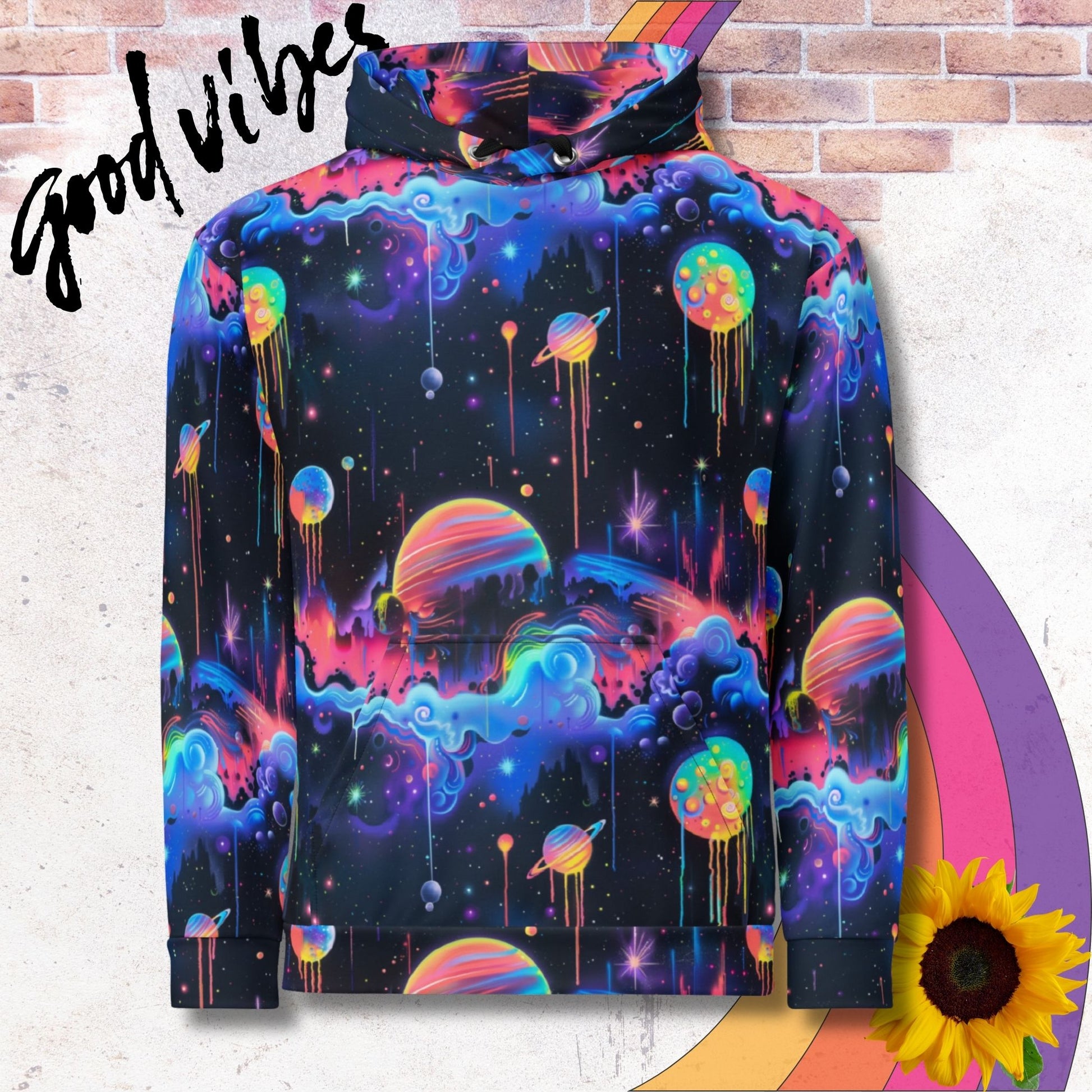 All over print unisex hoodie. Glowing blue galactic clouds through space, neon planets