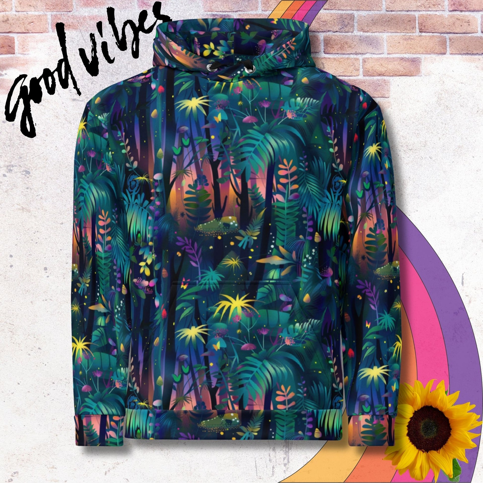 All over print unisex hoodie. Vibrant jungle oasis 