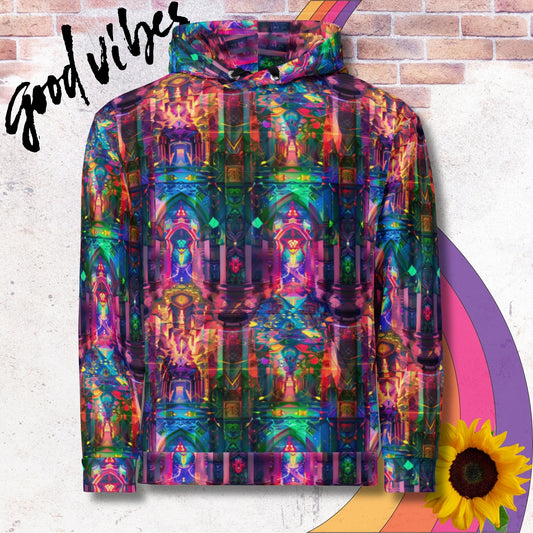 All over print unisex hoodie. Psychedelic rainbow kaleidoscope of colors like stained glass