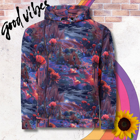 All over print unisex hoodie. Crimson red poppies on cosmic lunar background
