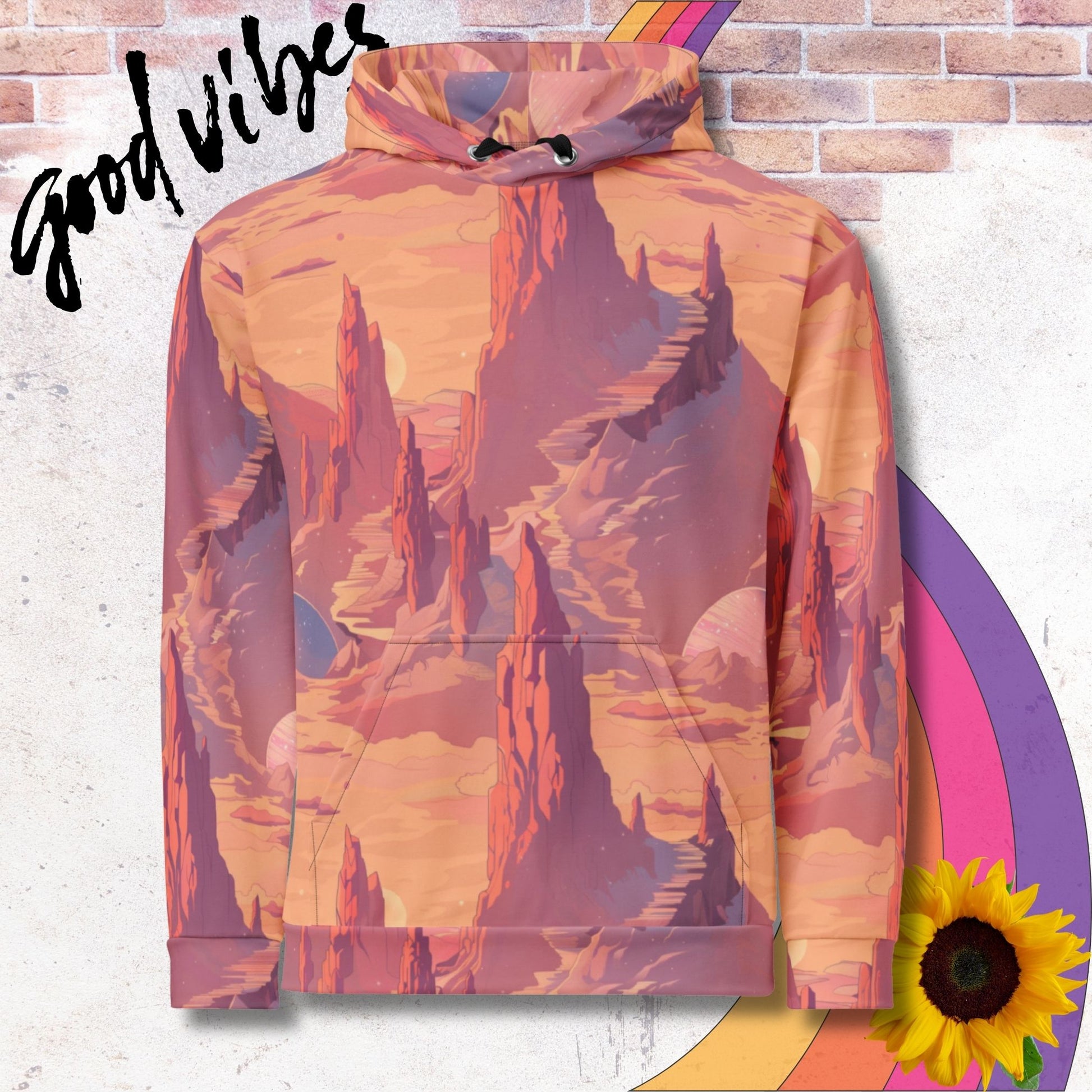 All over print unisex hoodie. Peach colored martian desert landscape