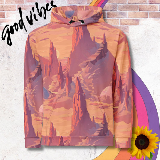 All over print unisex hoodie. Peach colored martian desert landscape