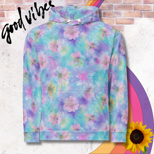 All over print unisex hoodie. Blue and purple tie dye with purple floral pattern, mermaid-core, mermaid vibes