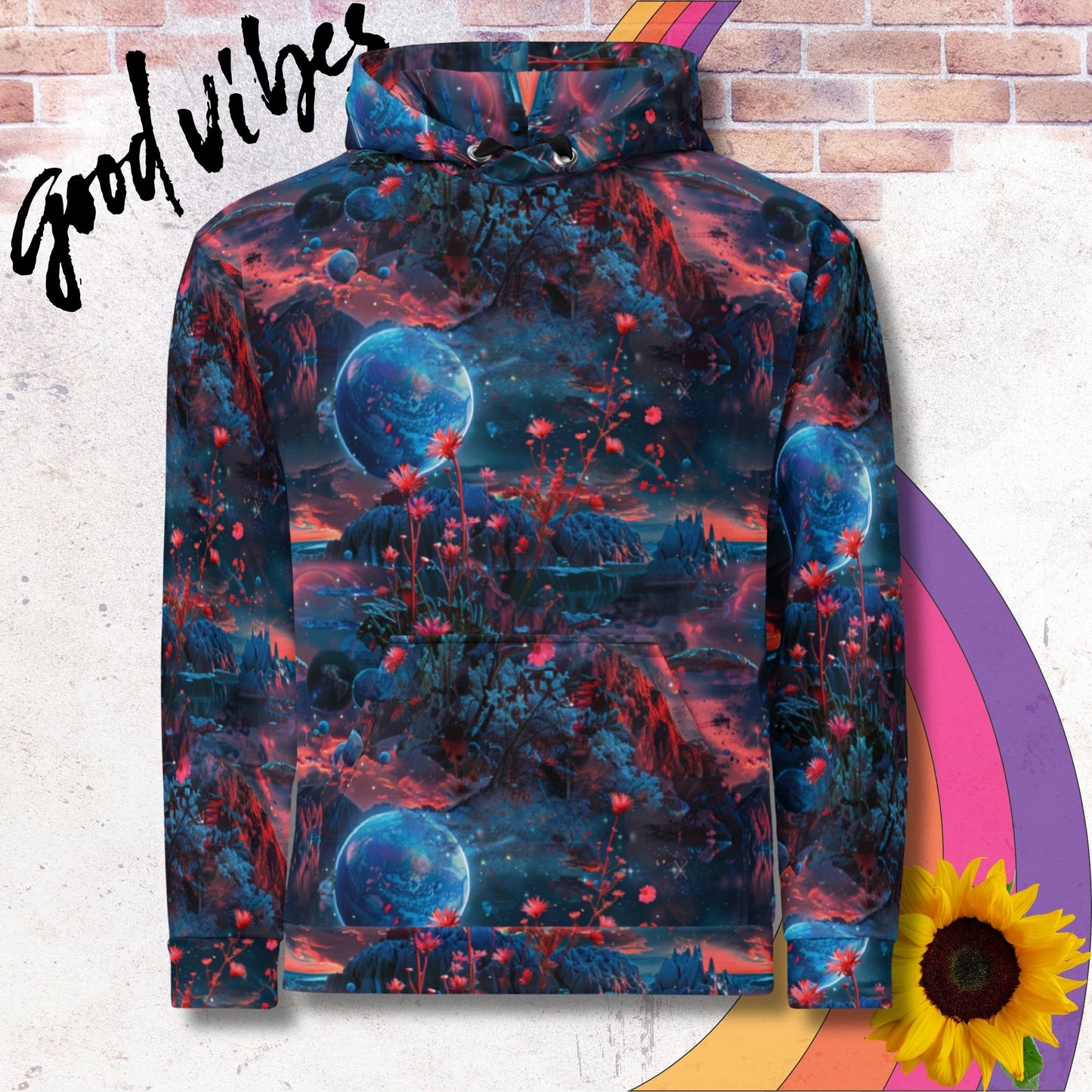 All over print unisex hoodie. Full blue moon over sci fi landscape, crimson flowers