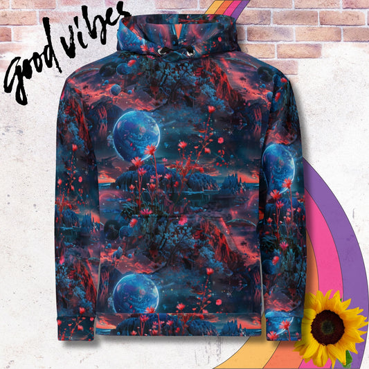 All over print unisex hoodie. Full blue moon over sci fi landscape, crimson flowers