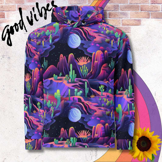 All over print unisex hoodie. Purple Sci-fi desert landscape with green cacti and a full moon