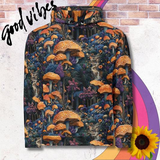All over print unisex hoodie. Fantasy mushroom grove