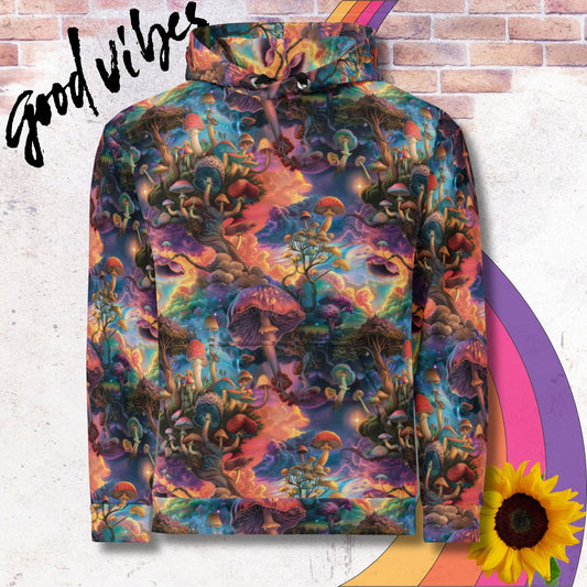 All over print unisex hoodie. Psychedelic colorful patterns of mushrooms
