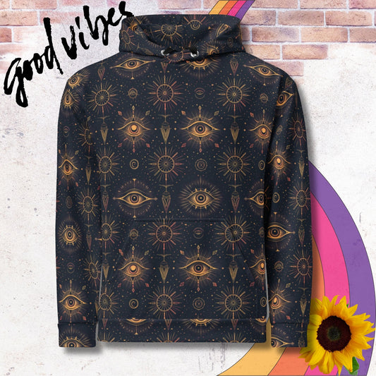 All over print unisex hoodie. Psychedelic mystic pattern of evil eyes and stars