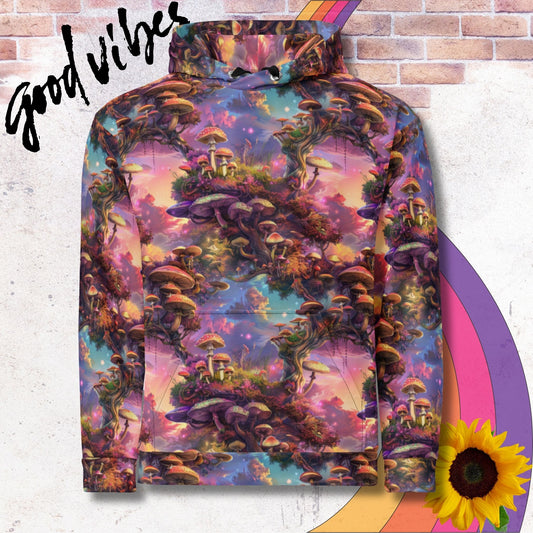 All over print unisex hoodie. Psychedelic helix pattern of mushrooms