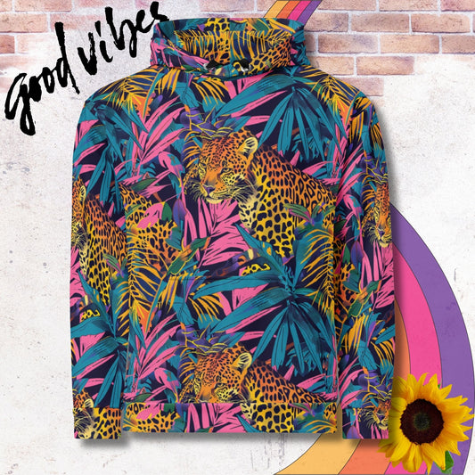 All over print unisex hoodie. Tigers amongst neon pink and blue foliage
