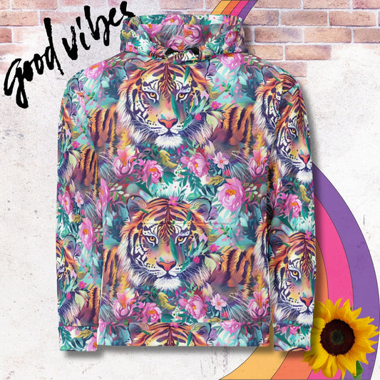 All over print unisex hoodie. Tiger amongst pink floral jungle