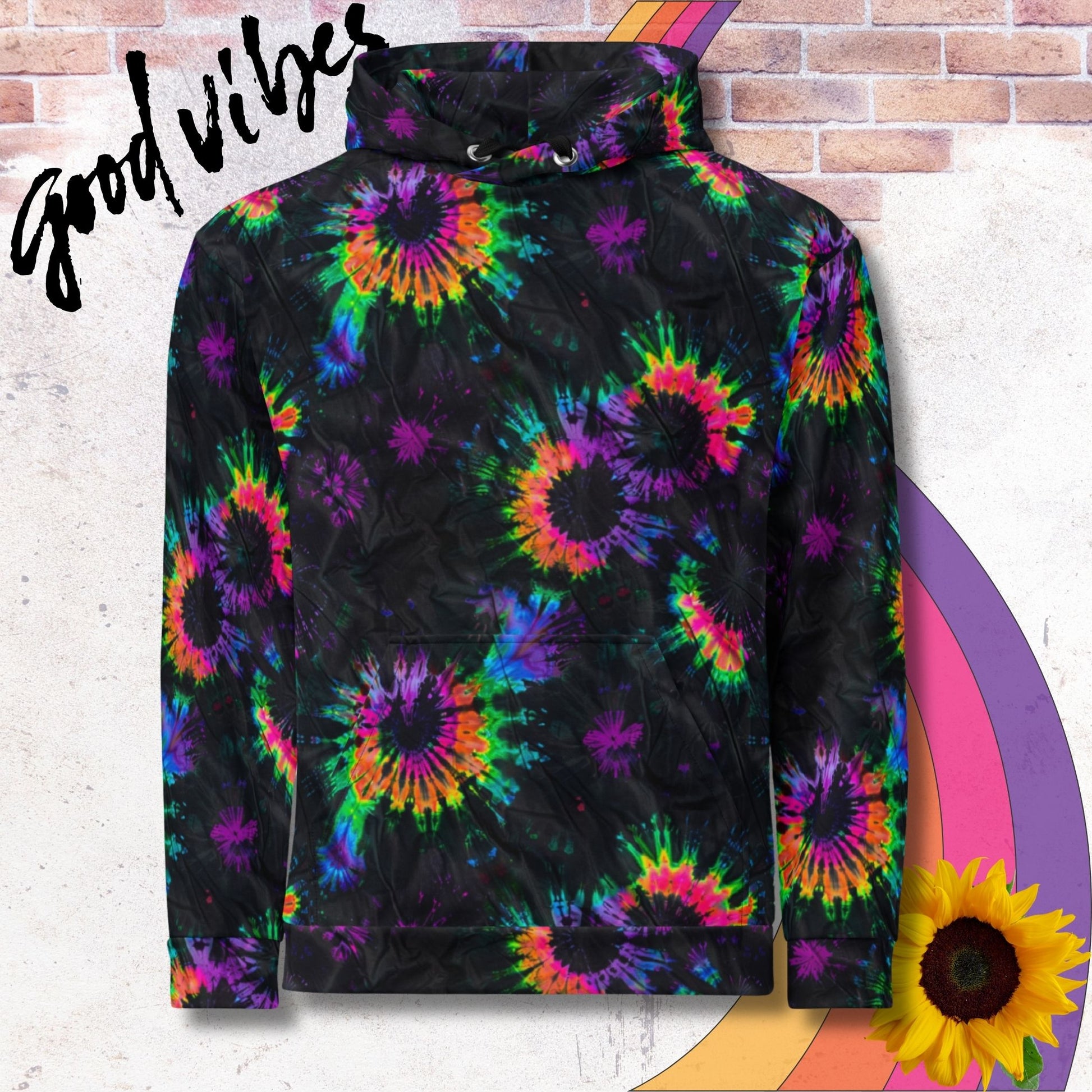 All over print unisex hoodie. Black with rainbow tie dye