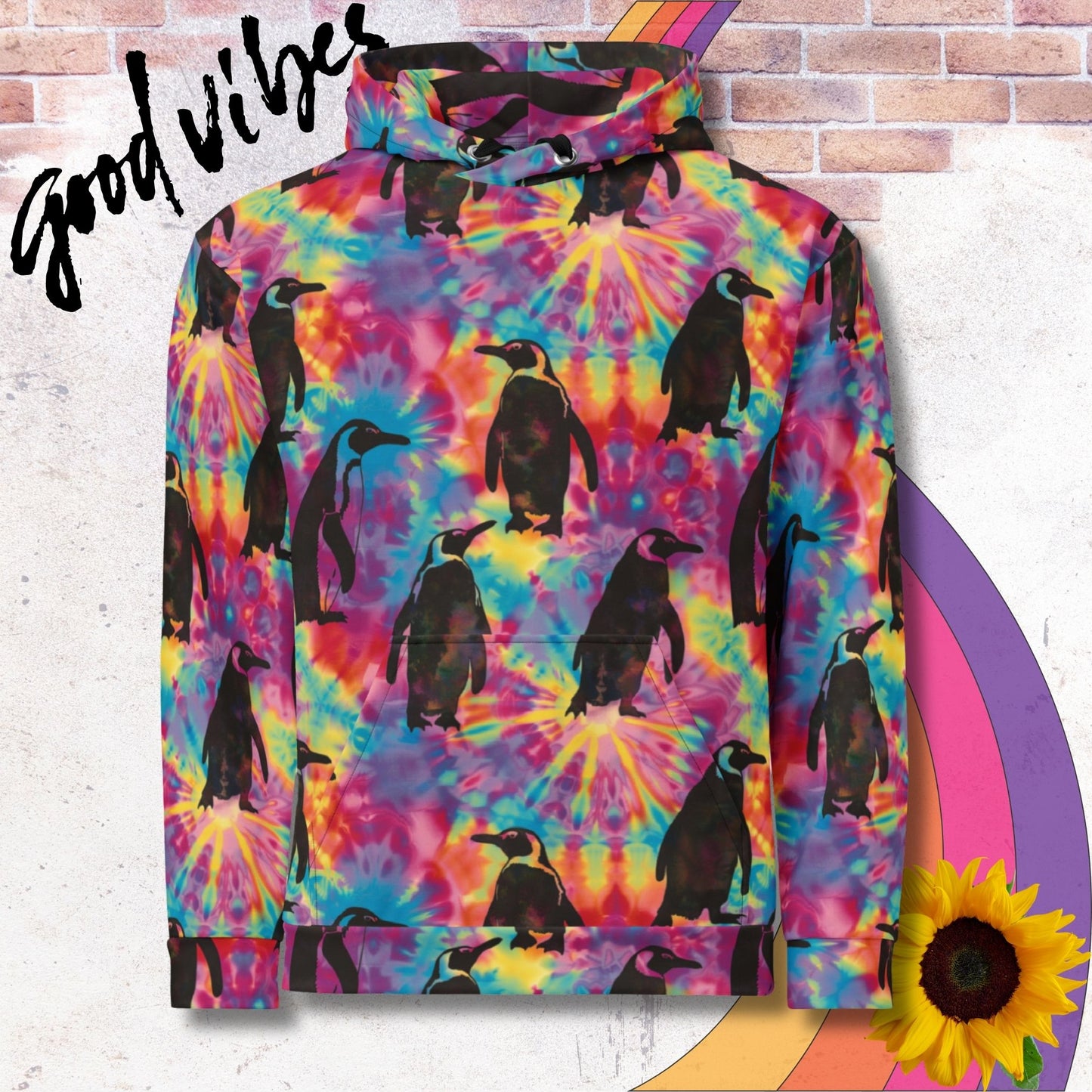 All over print unisex hoodie. Rainbow tie dye with black silhouettes of emperor penguins